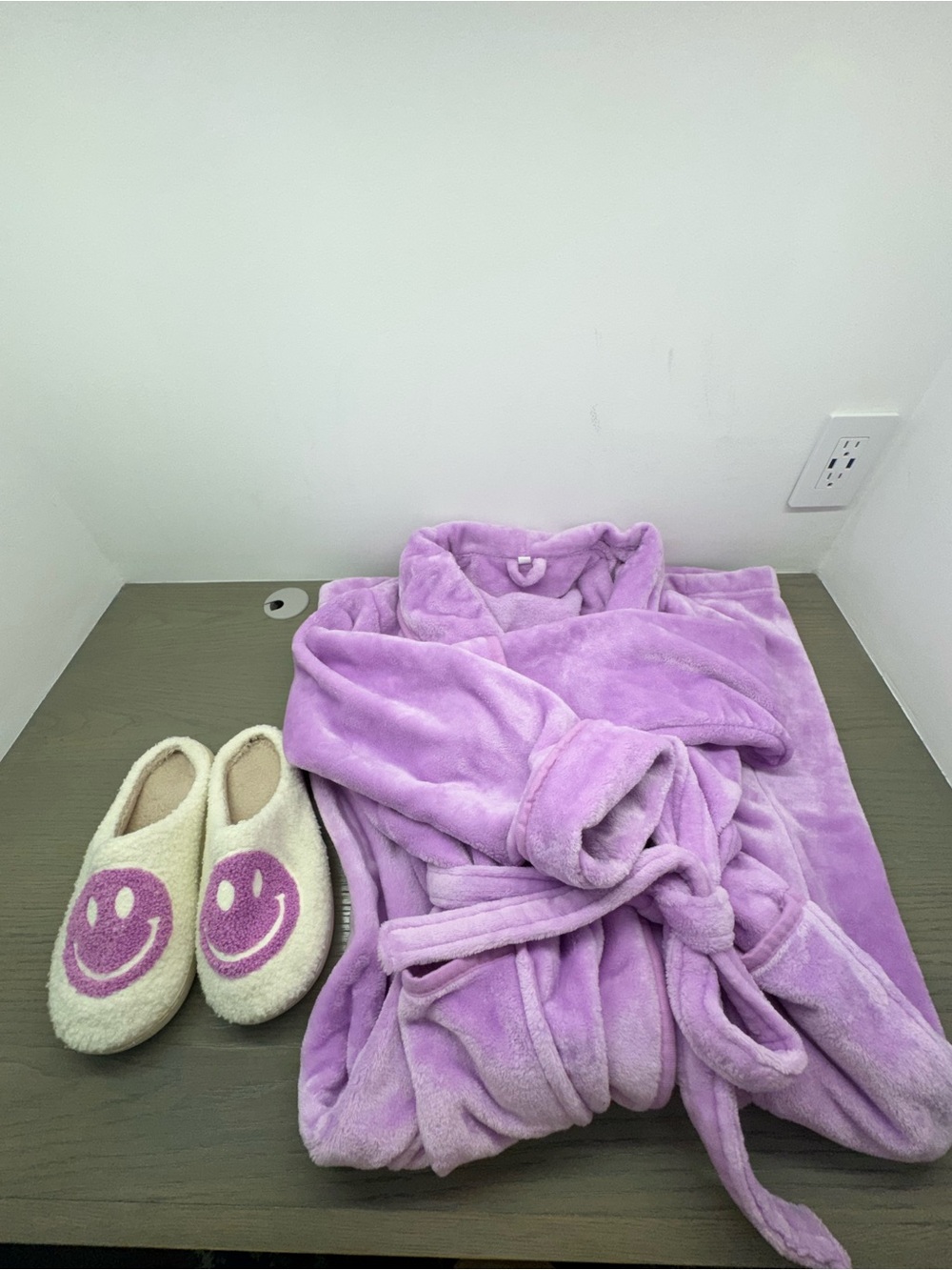 Set of Plush purple smiley slippers & ultra soft Robe